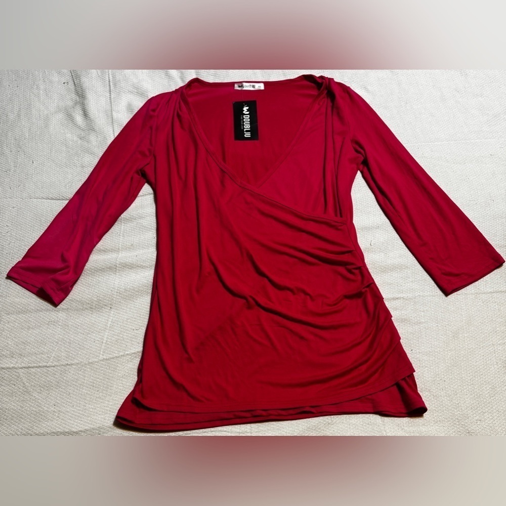 BNWT Doublju V Neck Twist Knot Ruched Empire Waist Slimming Blouse Fushia XL